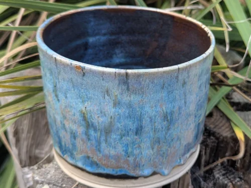 Blue and pink plant pot, blue ceramic plant pot, houseplant pot