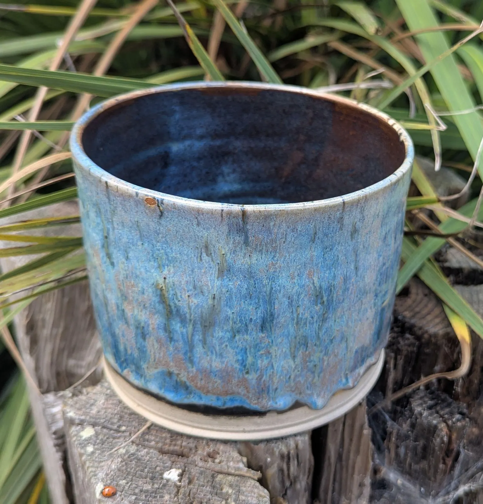 Blue and pink plant pot, blue ceramic plant pot, houseplant pot