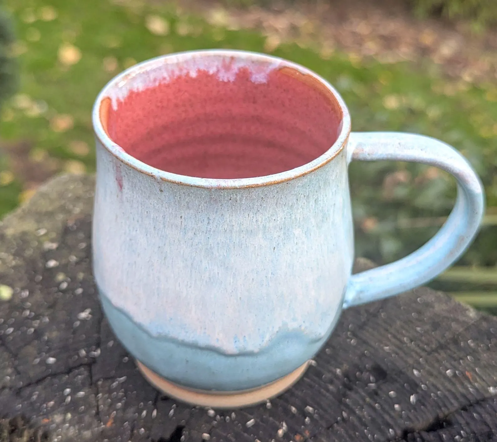Handmade Pale Blue Ceramic Mug: pink Interior, 10 fl oz