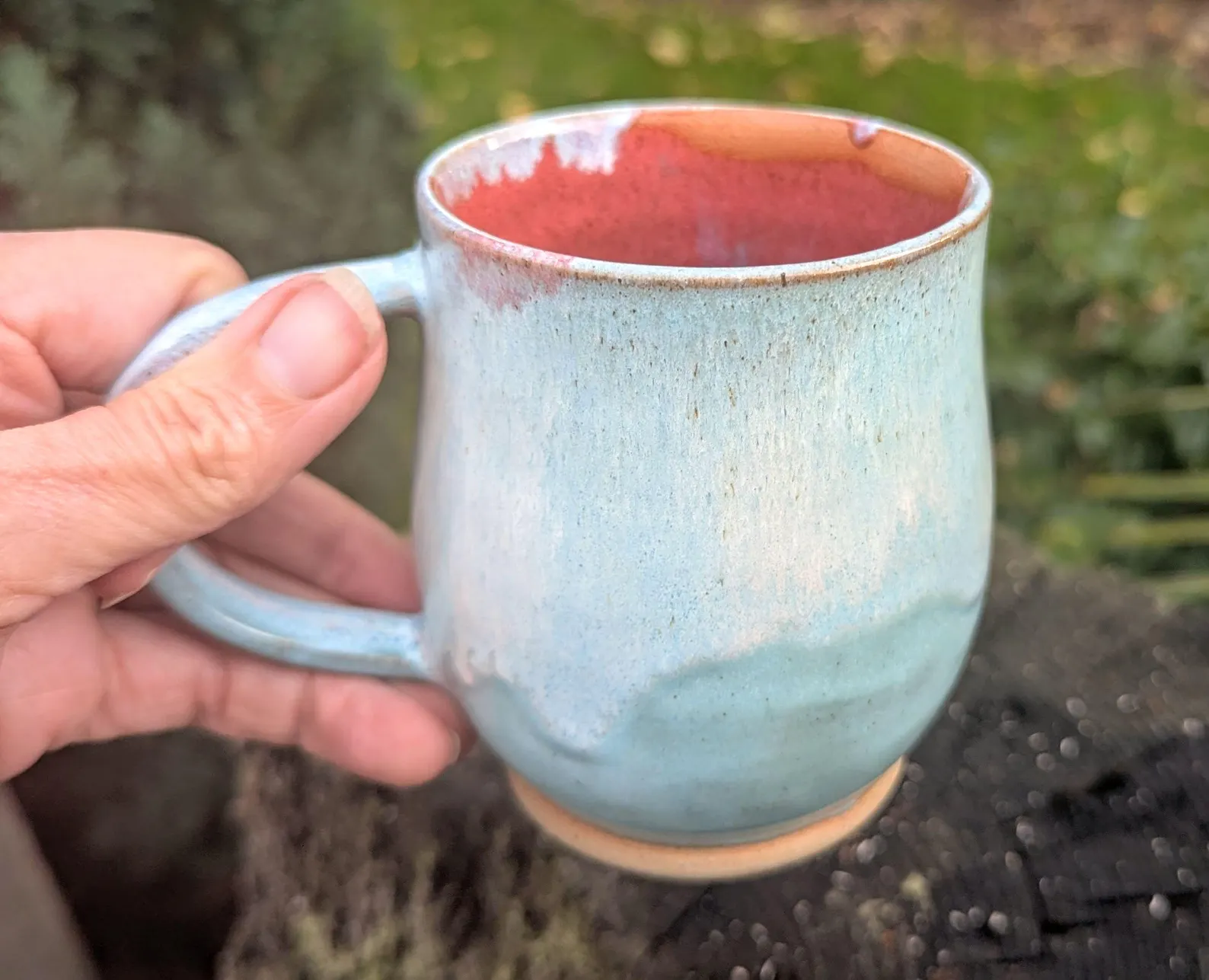 Handmade Pale Blue Ceramic Mug: pink Interior, 10 fl oz - Image 6
