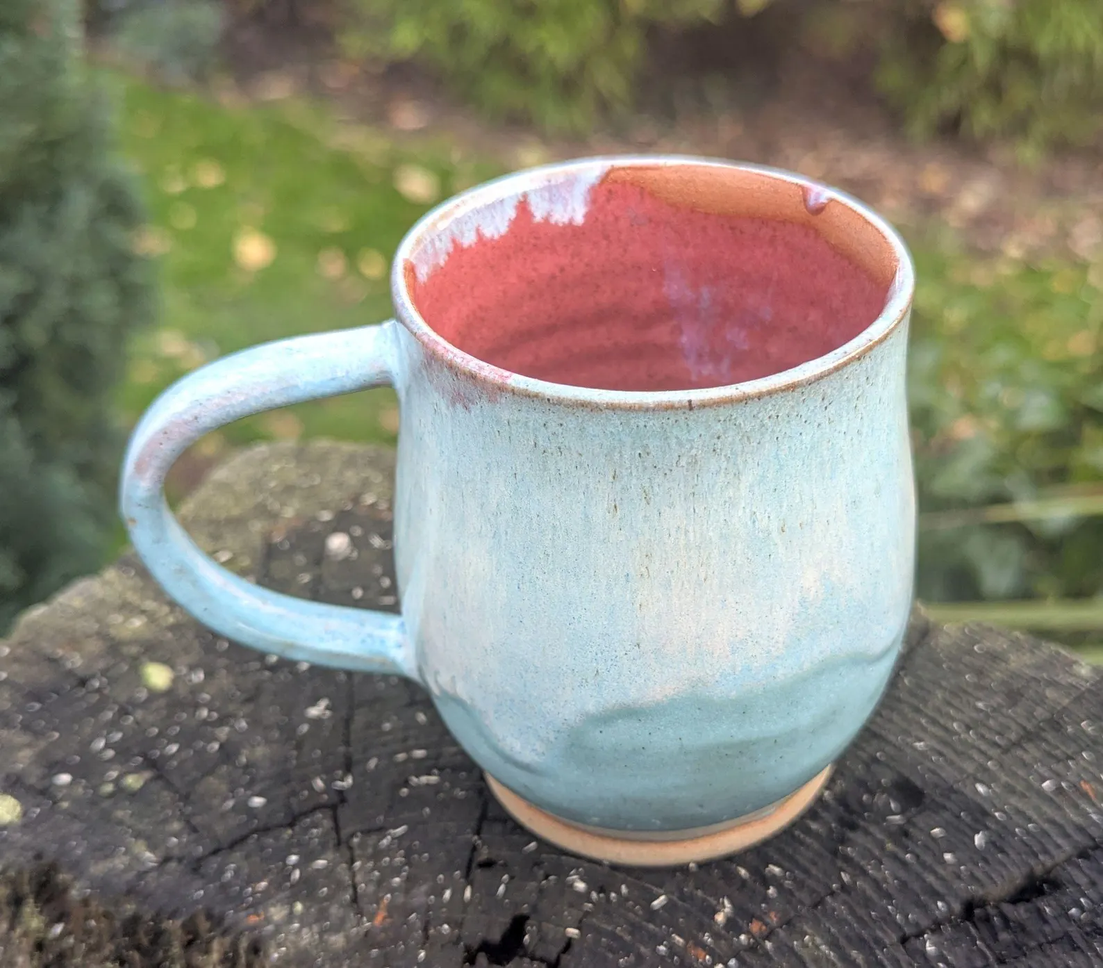 Handmade Pale Blue Ceramic Mug: pink Interior, 10 fl oz - Image 7