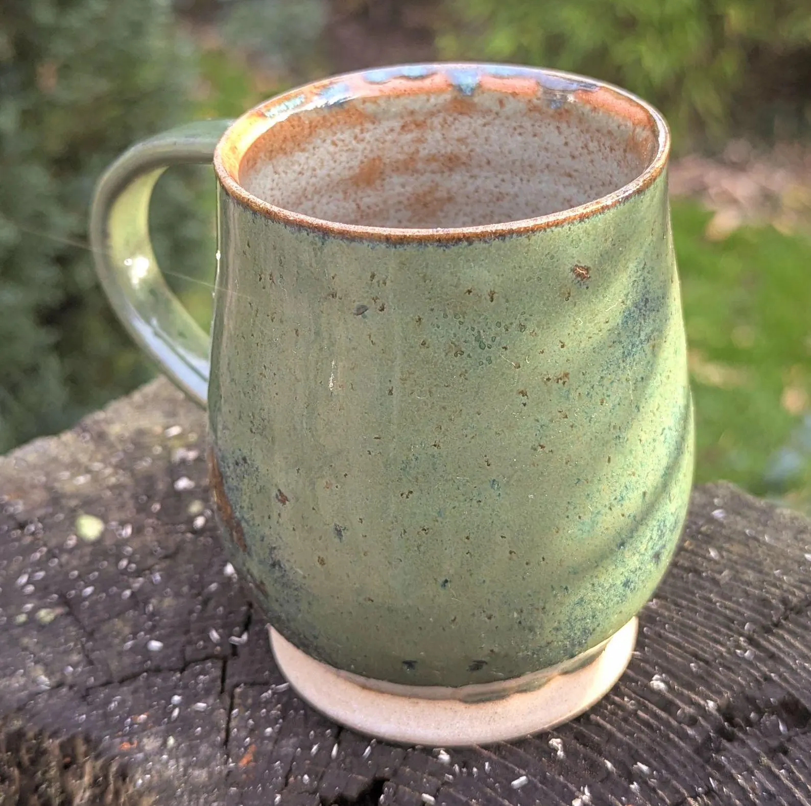 Handmade Green Ceramic Mug: green interior 10fl oz - Image 3