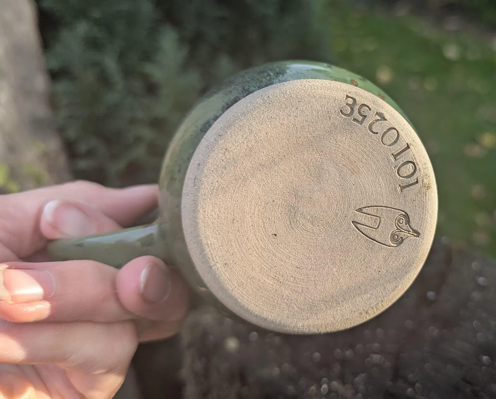 Handmade Green Ceramic Mug: green interior 10fl oz - Image 6