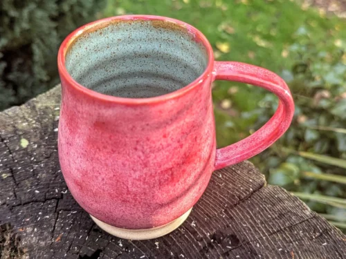 Handmade bright Pink Ceramic Mug: green Interior, 10 fl oz