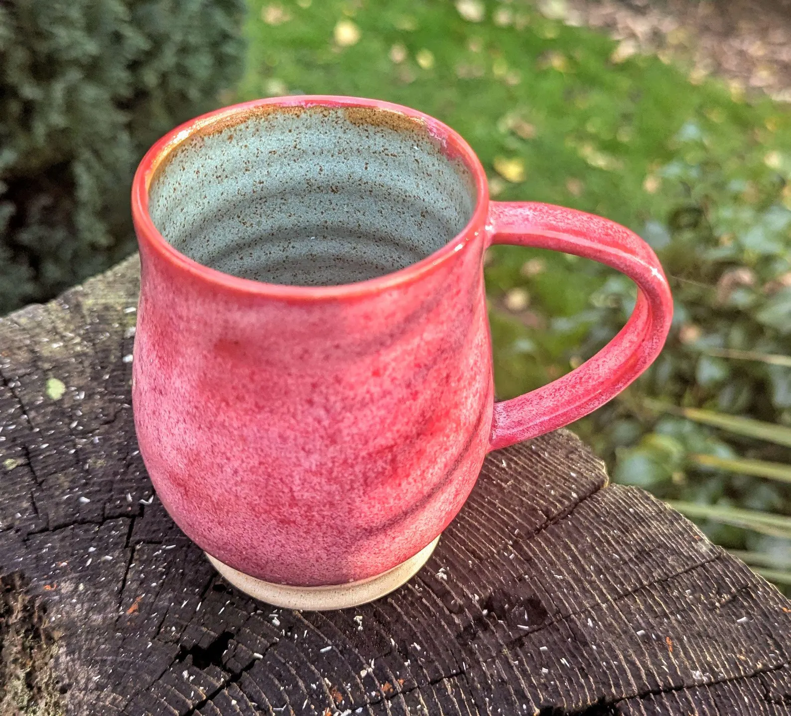 Handmade bright Pink Ceramic Mug: green Interior, 10 fl oz