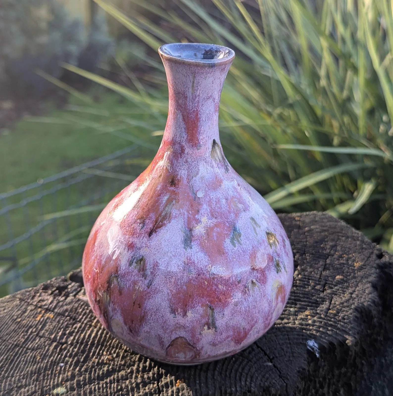 Handmade Pink and Red Ceramic Vase: Wheel-Thrown Pottery