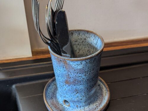 Handmade speckled blue Ceramic kitchen tidy: utensil holder